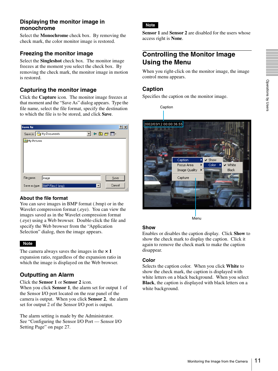 Controlling the monitor image using the menu, Controlling the monitor image using the, Menu | Displaying the monitor image in monochrome, Freezing the monitor image, Capturing the monitor image, Outputting an alarm, Caption | Sony SNC-VL10P User Manual | Page 11 / 32