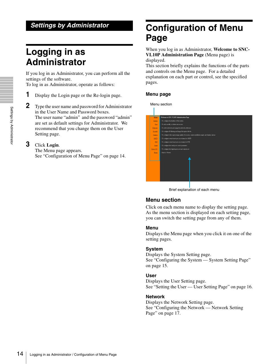 Settings by administrator, Logging in as administrator, Configuration of menu page | Sony SNC-VL10P User Manual | Page 14 / 32