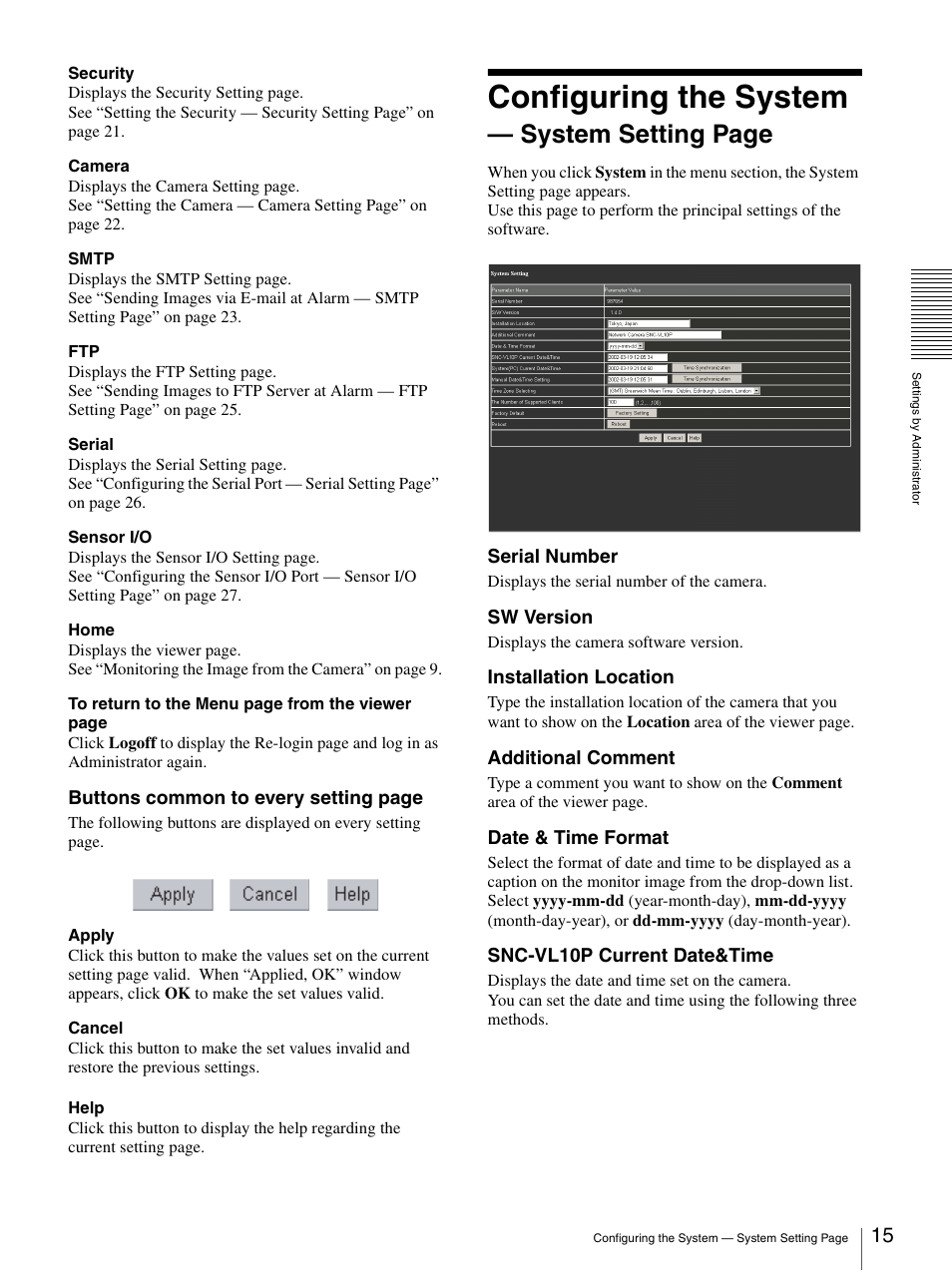 Configuring the system, System setting page | Sony SNC-VL10P User Manual | Page 15 / 32