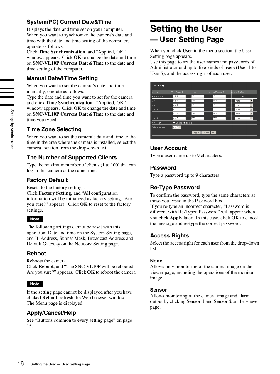 Setting the user, User setting page | Sony SNC-VL10P User Manual | Page 16 / 32