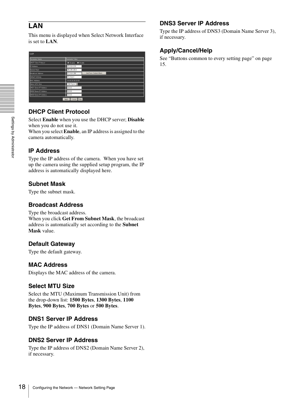 Dhcp client protocol, Ip address, Subnet mask | Broadcast address, Default gateway, Mac address, Select mtu size, Dns1 server ip address, Dns2 server ip address, Dns3 server ip address | Sony SNC-VL10P User Manual | Page 18 / 32