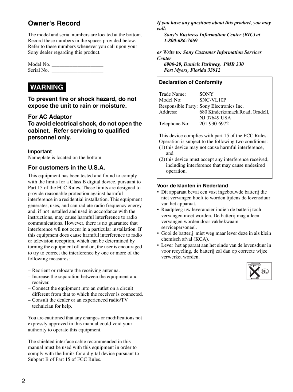 Owner's record, Warning | Sony SNC-VL10P User Manual | Page 2 / 32