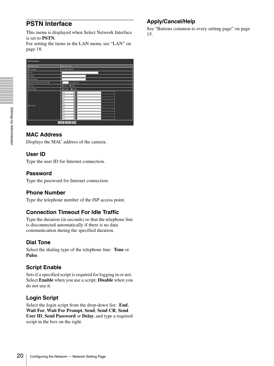 Pstn interface, Mac address, User id | Password, Phone number, Connection timeout for idle traffic, Dial tone, Script enable, Login script, Apply/cancel/help | Sony SNC-VL10P User Manual | Page 20 / 32