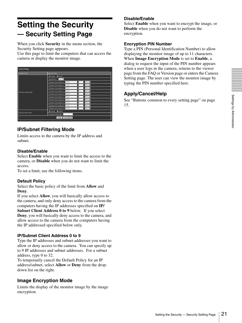 Setting the security, Security setting page, Ip/subnet filtering mode | Image encryption mode, Apply/cancel/help | Sony SNC-VL10P User Manual | Page 21 / 32