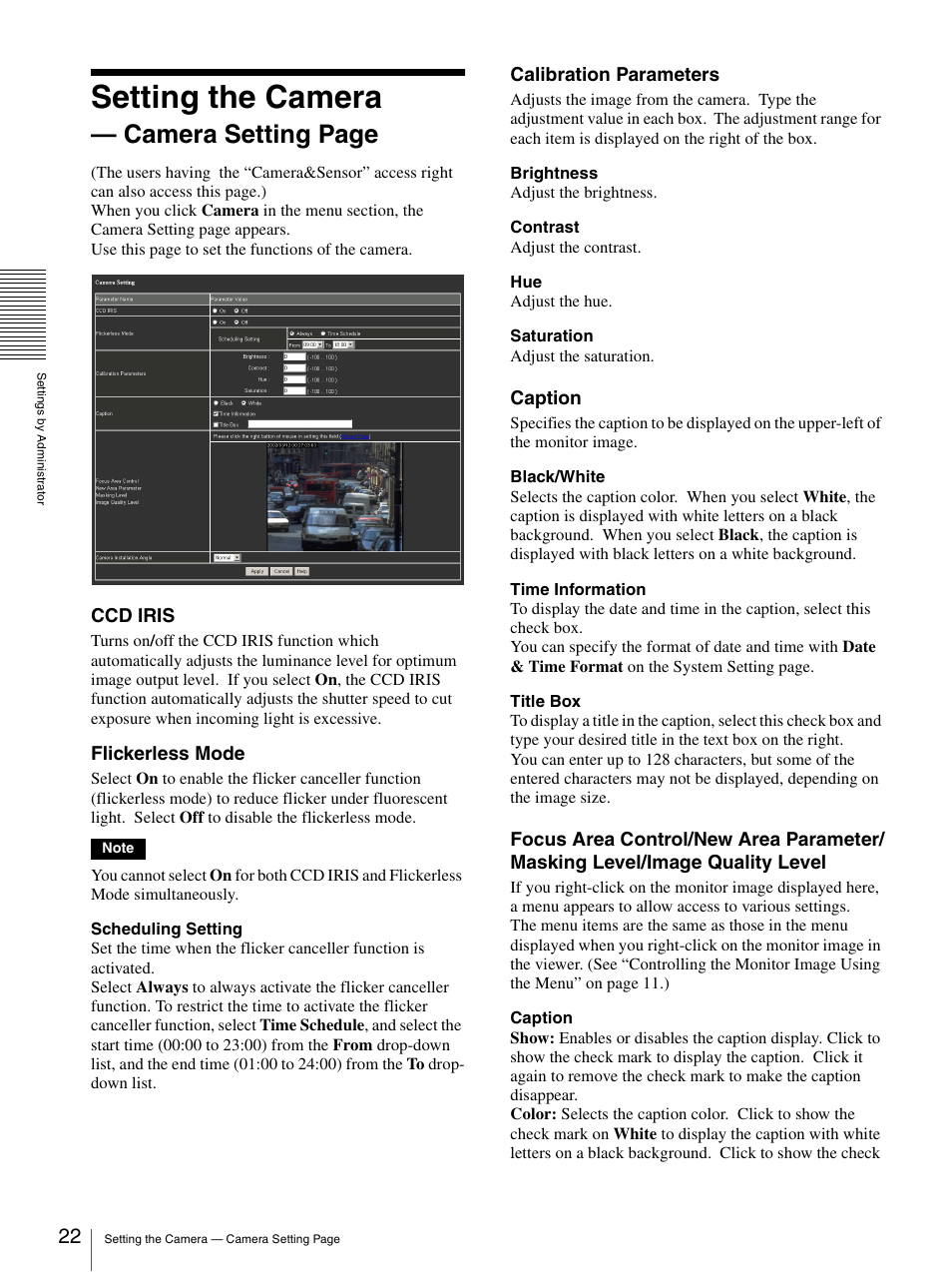Setting the camera, Camera setting page, Ccd iris | Flickerless mode, Calibration parameters, Caption | Sony SNC-VL10P User Manual | Page 22 / 32