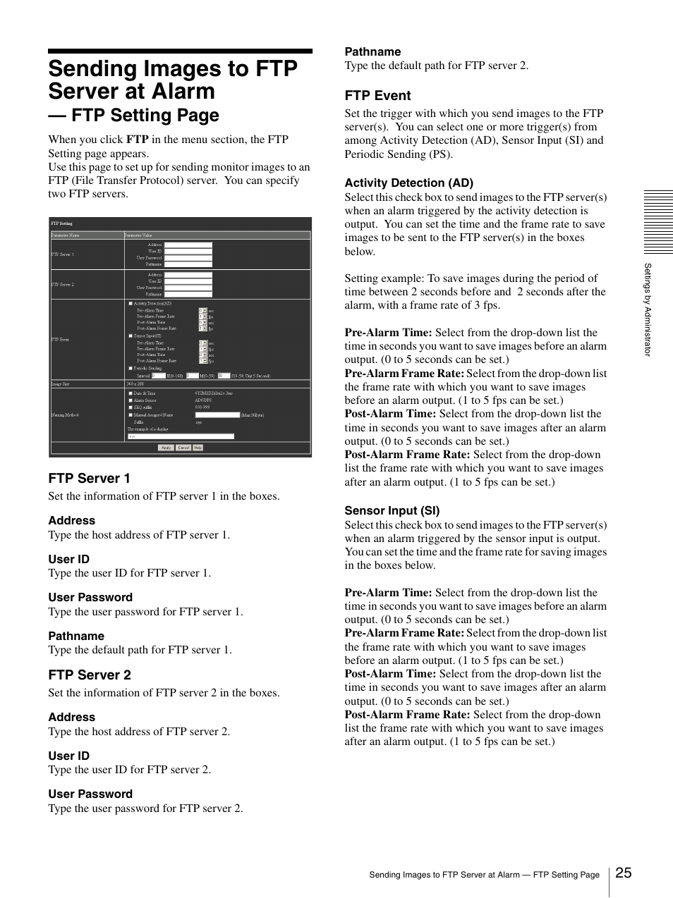 Sending images to ftp server at alarm, Ftp setting page, Ftp server 1 | Ftp server 2, Ftp event | Sony SNC-VL10P User Manual | Page 25 / 32