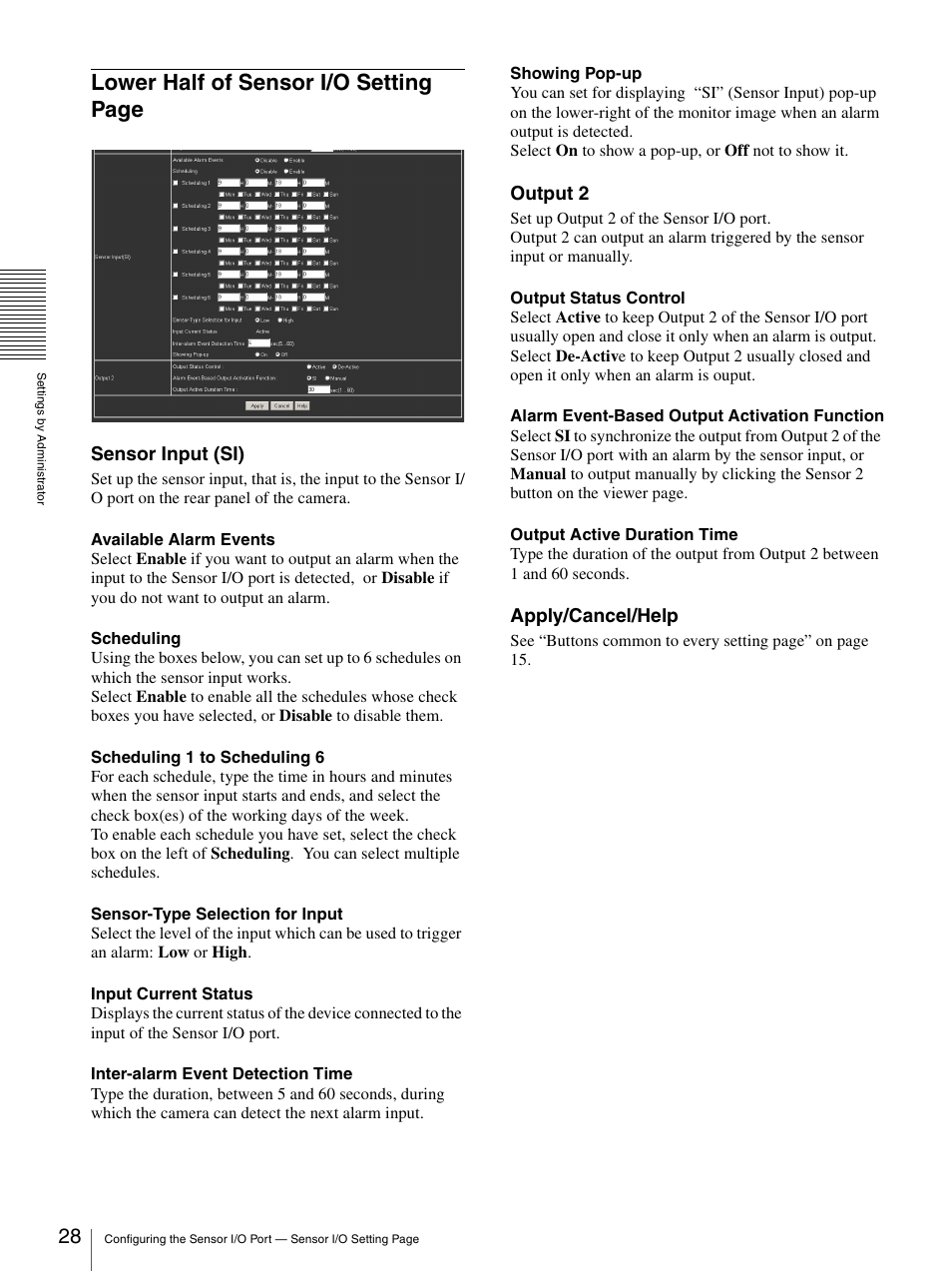 Lower half of sensor i/o setting page, Sensor input (si), Output 2 | Apply/cancel/help | Sony SNC-VL10P User Manual | Page 28 / 32