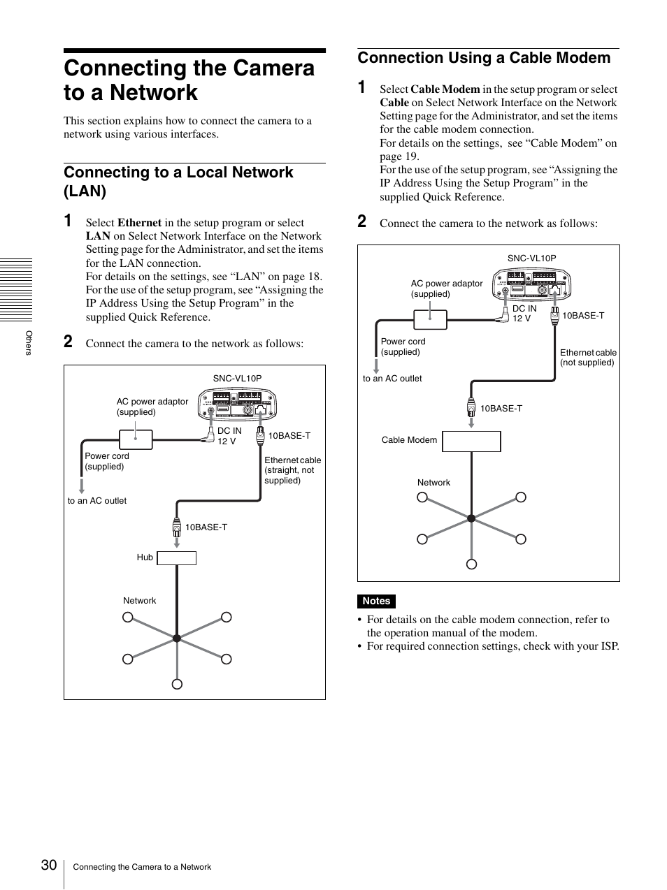 Connecting the camera to a network, Connecting to a local network (lan), Connection using a cable modem | Sony SNC-VL10P User Manual | Page 30 / 32