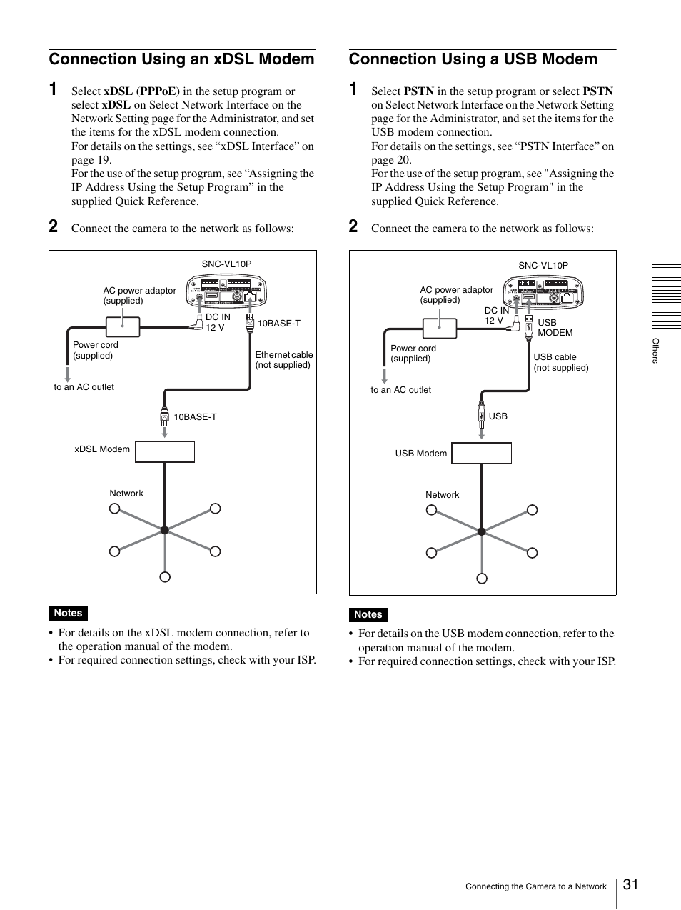 Connection using an xdsl modem, Connection using a usb modem | Sony SNC-VL10P User Manual | Page 31 / 32