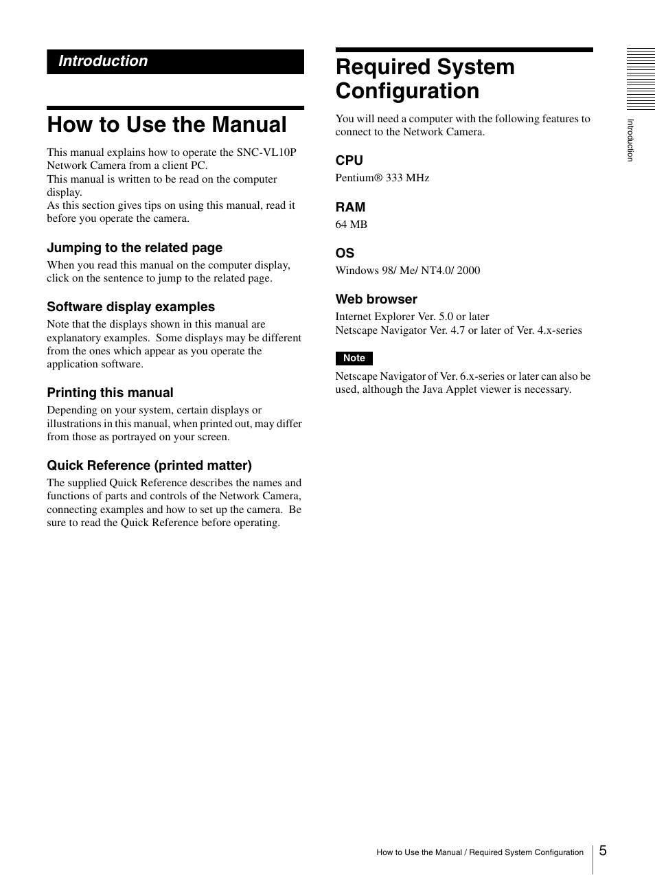 Introduction, How to use the manual, Required system configuration | Sony SNC-VL10P User Manual | Page 5 / 32