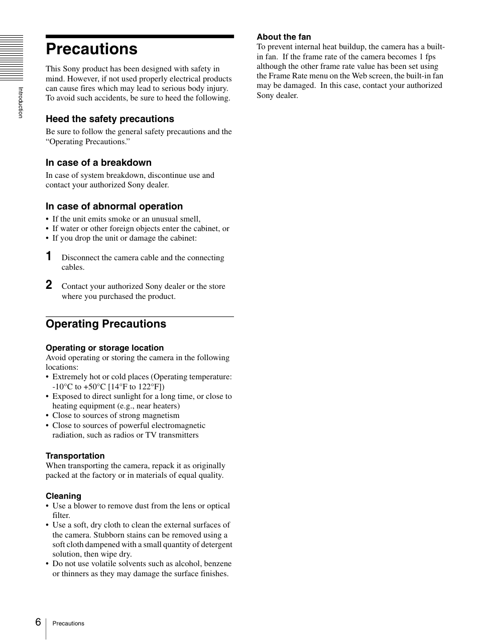 Precautions, Operating precautions | Sony SNC-VL10P User Manual | Page 6 / 32