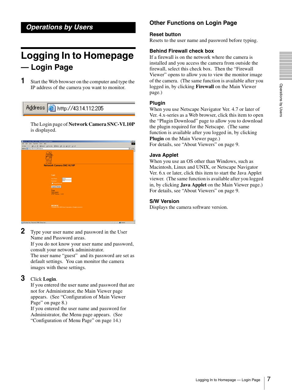 Operations by users, Logging in to homepage, Login page 1 | Sony SNC-VL10P User Manual | Page 7 / 32
