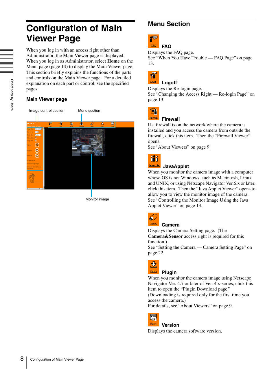 Menu section, Configuration of main viewer page | Sony SNC-VL10P User Manual | Page 8 / 32