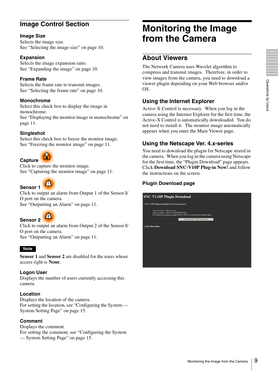 Image control section, Monitoring the image from the camera, About viewers | Sony SNC-VL10P User Manual | Page 9 / 32