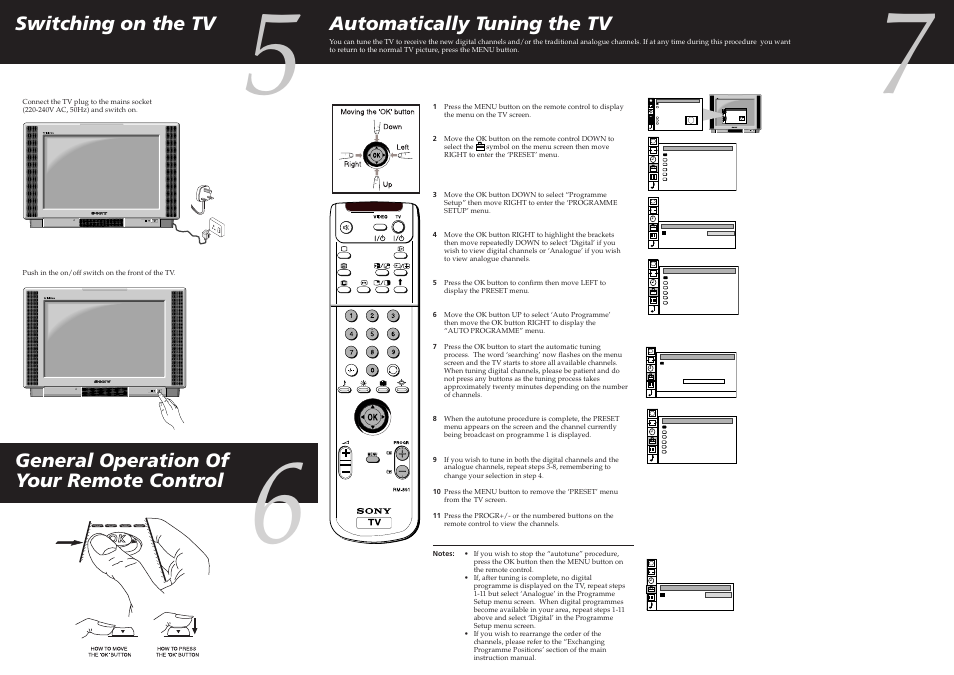 Automatically tuning the tv, Switching on the tv, General operation of your remote control | Sony KV-28DS60U/28DS65U User Manual | Page 2 / 2