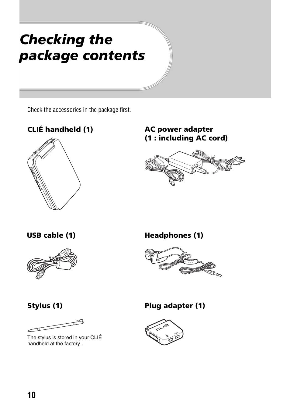 Checking the package contents | Sony PEG-SJ33 User Manual | Page 10 / 80