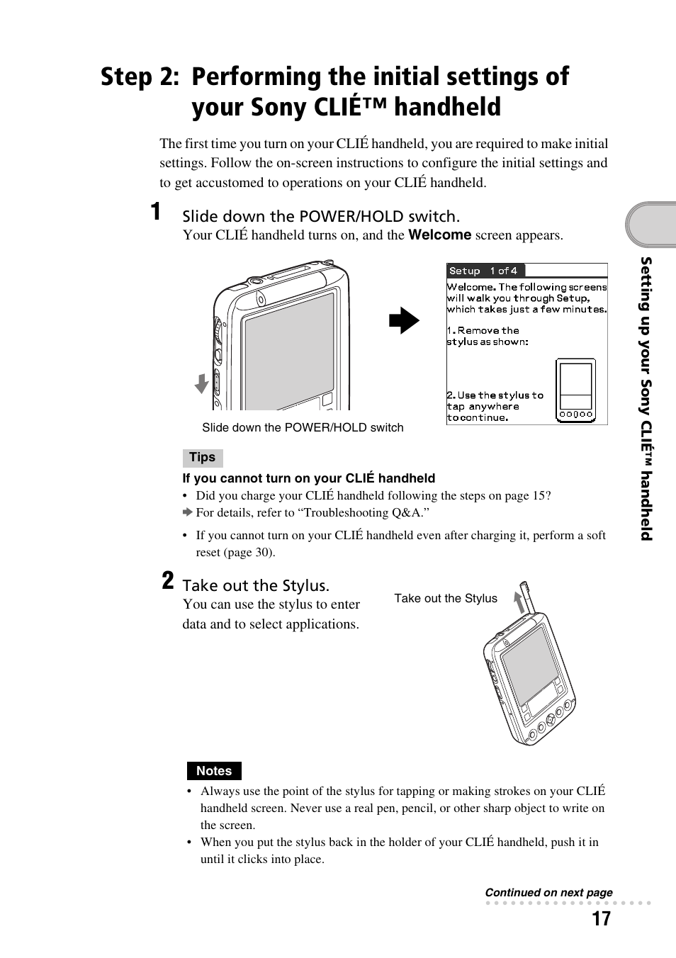 Performing the initial settings of your, Sony clié™ handheld | Sony PEG-SJ33 User Manual | Page 17 / 80