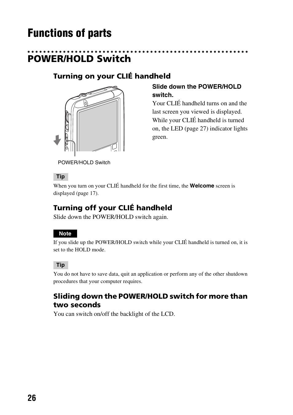 Functions of parts, Power/hold switch | Sony PEG-SJ33 User Manual | Page 26 / 80