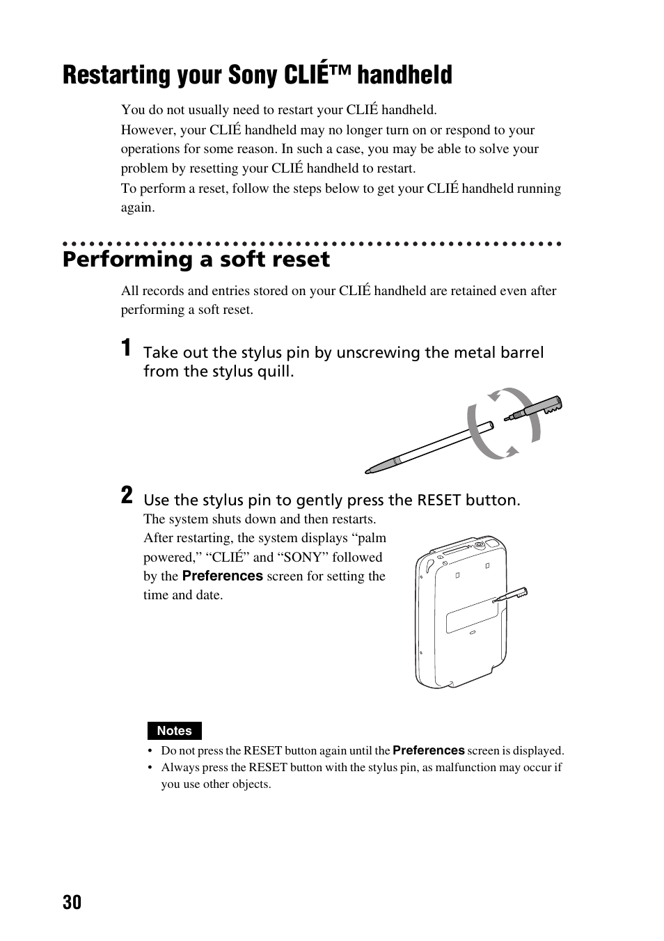 Restarting your sony clié™ handheld, Performing a soft reset, Restarting your sony clié | Handheld | Sony PEG-SJ33 User Manual | Page 30 / 80