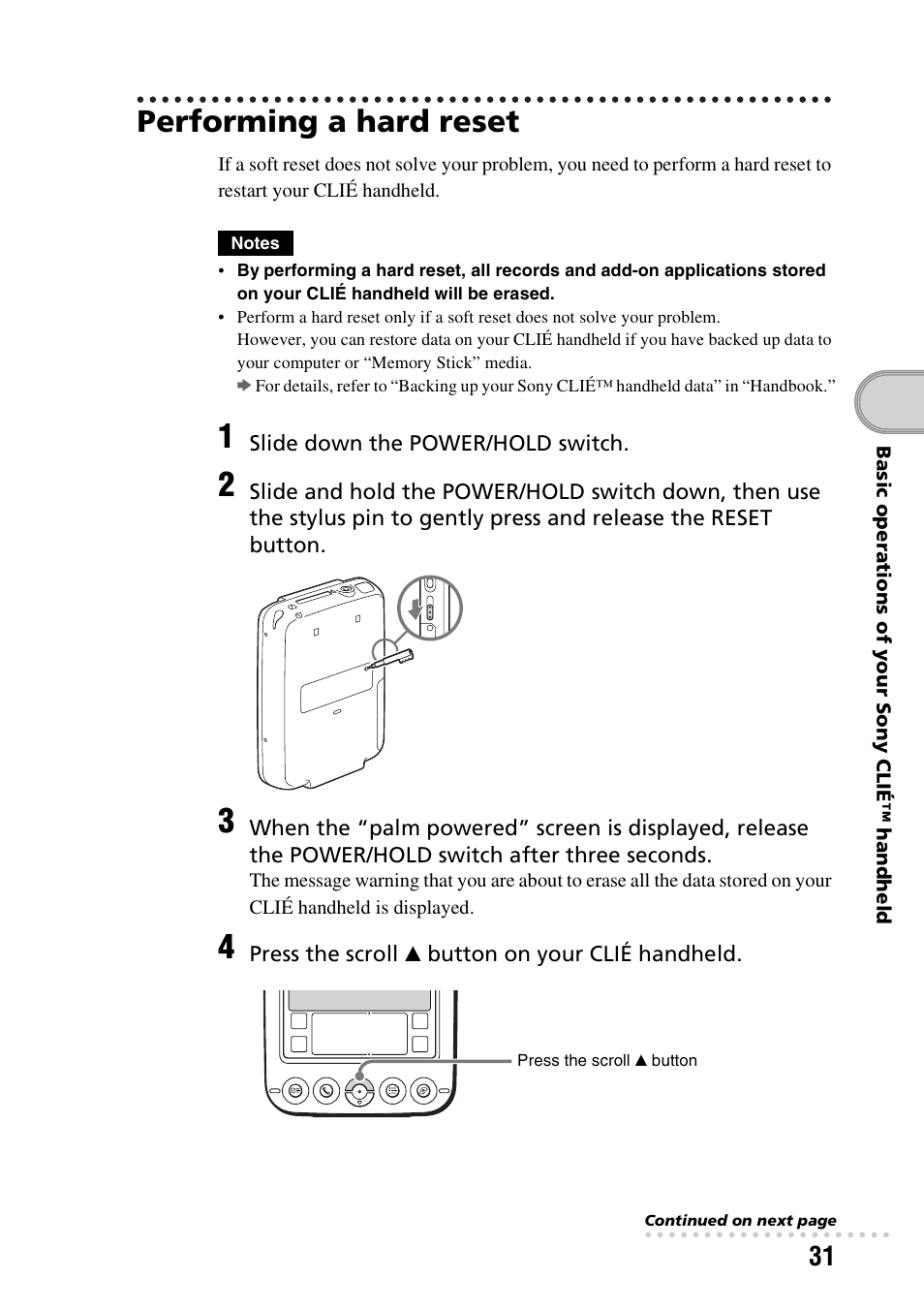 Performing a hard reset | Sony PEG-SJ33 User Manual | Page 31 / 80