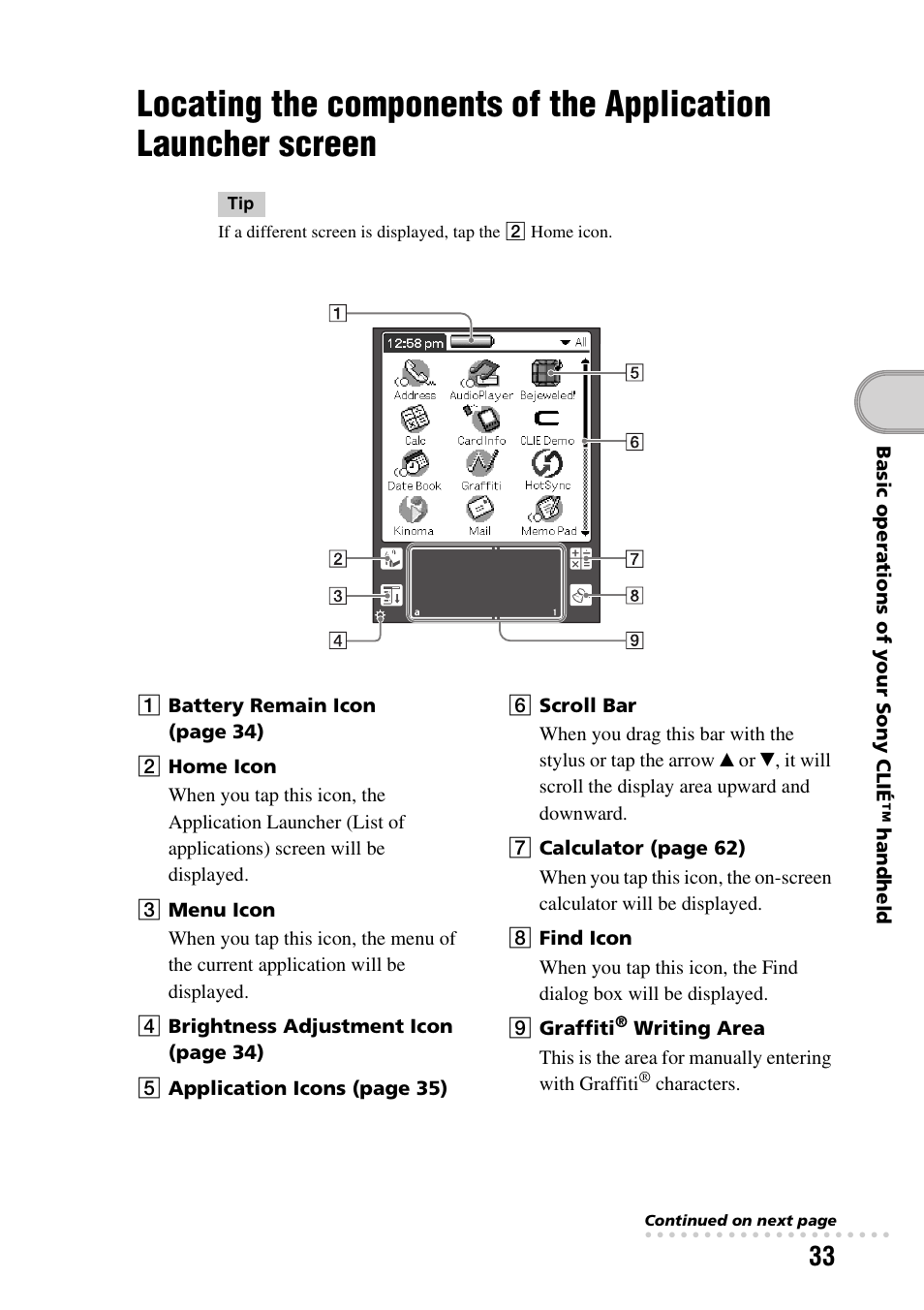 Locating the components of the, Application launcher screen | Sony PEG-SJ33 User Manual | Page 33 / 80