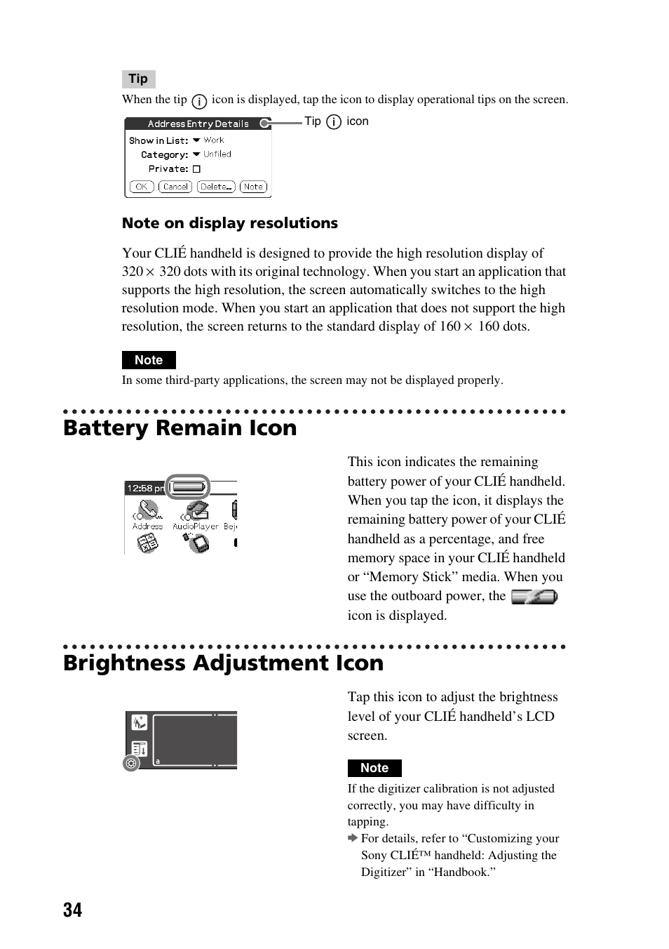 Battery remain icon, Brightness adjustment icon, Battery remain icon brightness adjustment icon | Sony PEG-SJ33 User Manual | Page 34 / 80