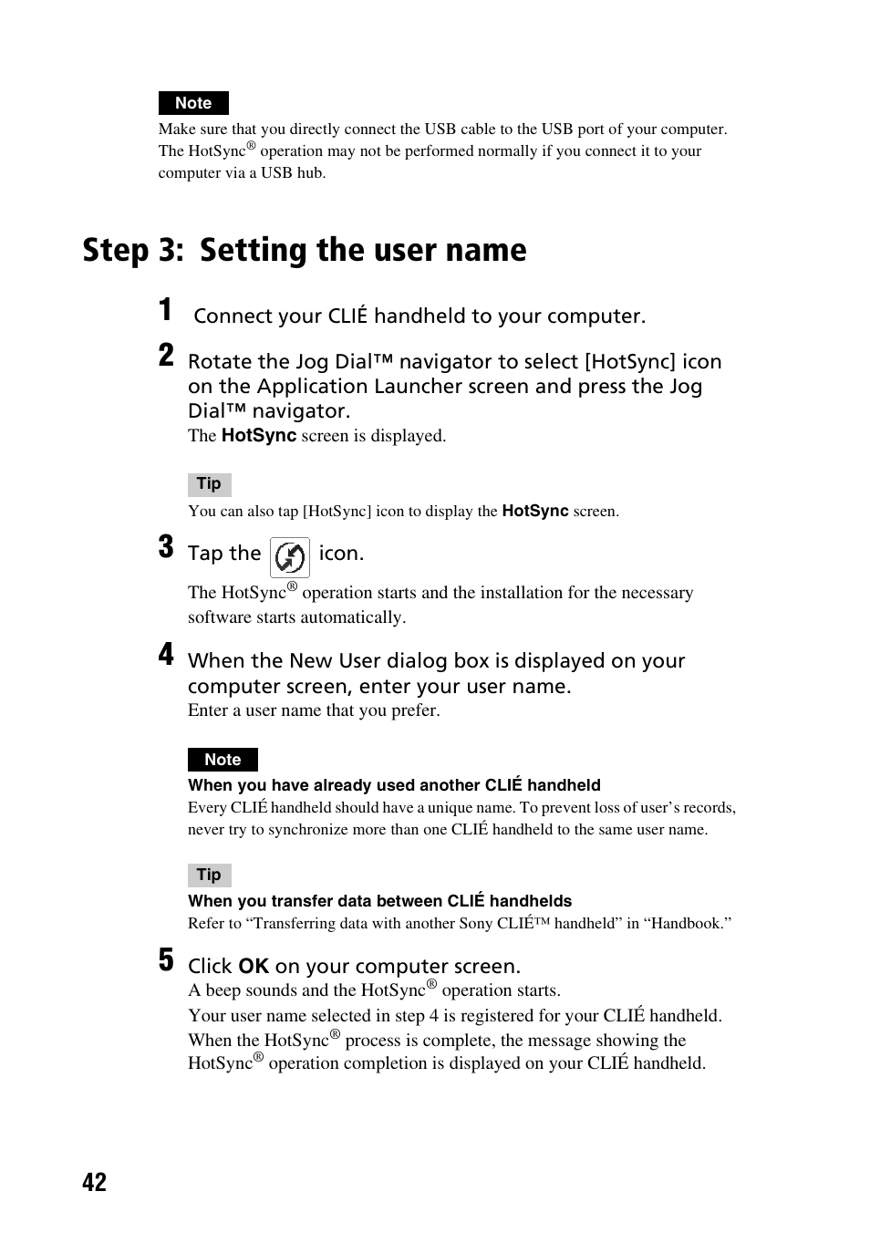 Step 3: setting the user name, Setting the user name | Sony PEG-SJ33 User Manual | Page 42 / 80