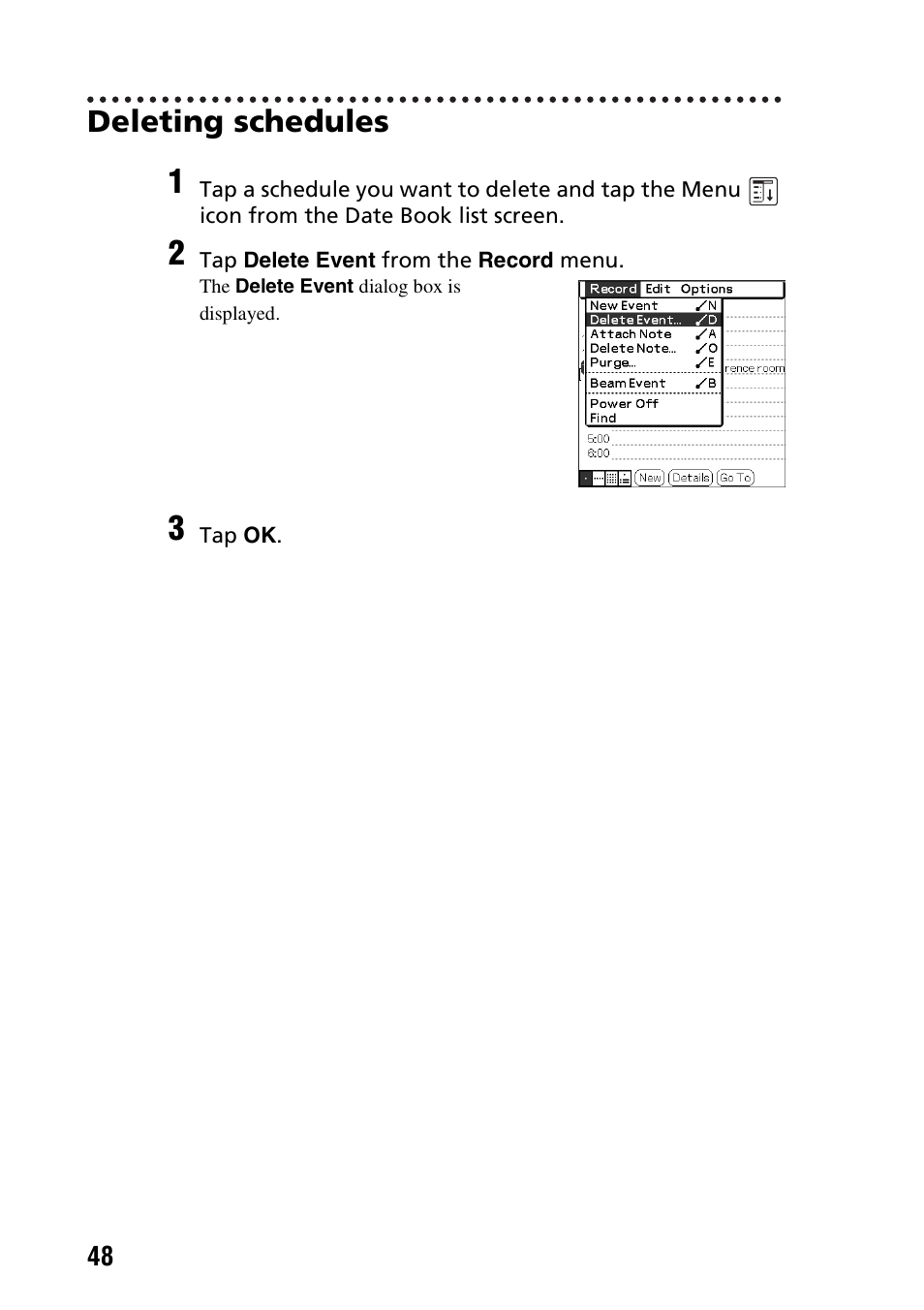 Deleting schedules | Sony PEG-SJ33 User Manual | Page 48 / 80