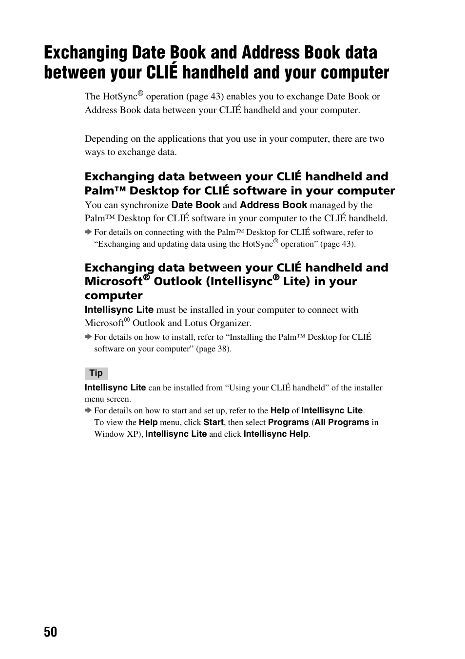 Exchanging date book and address book, Data between your clié handheld and your computer, Outlook (intellisync | Lite) in your computer | Sony PEG-SJ33 User Manual | Page 50 / 80