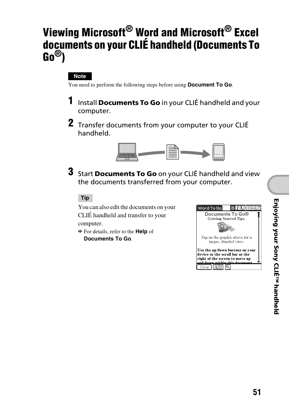 Viewing microsoft, Word and, Microsoft | Excel documents on your, Clié handheld (documents to go, Word and microsoft | Sony PEG-SJ33 User Manual | Page 51 / 80