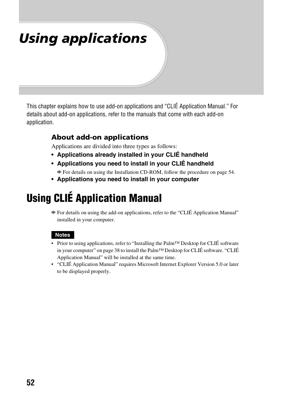 Using applications, Using clié application manual | Sony PEG-SJ33 User Manual | Page 52 / 80