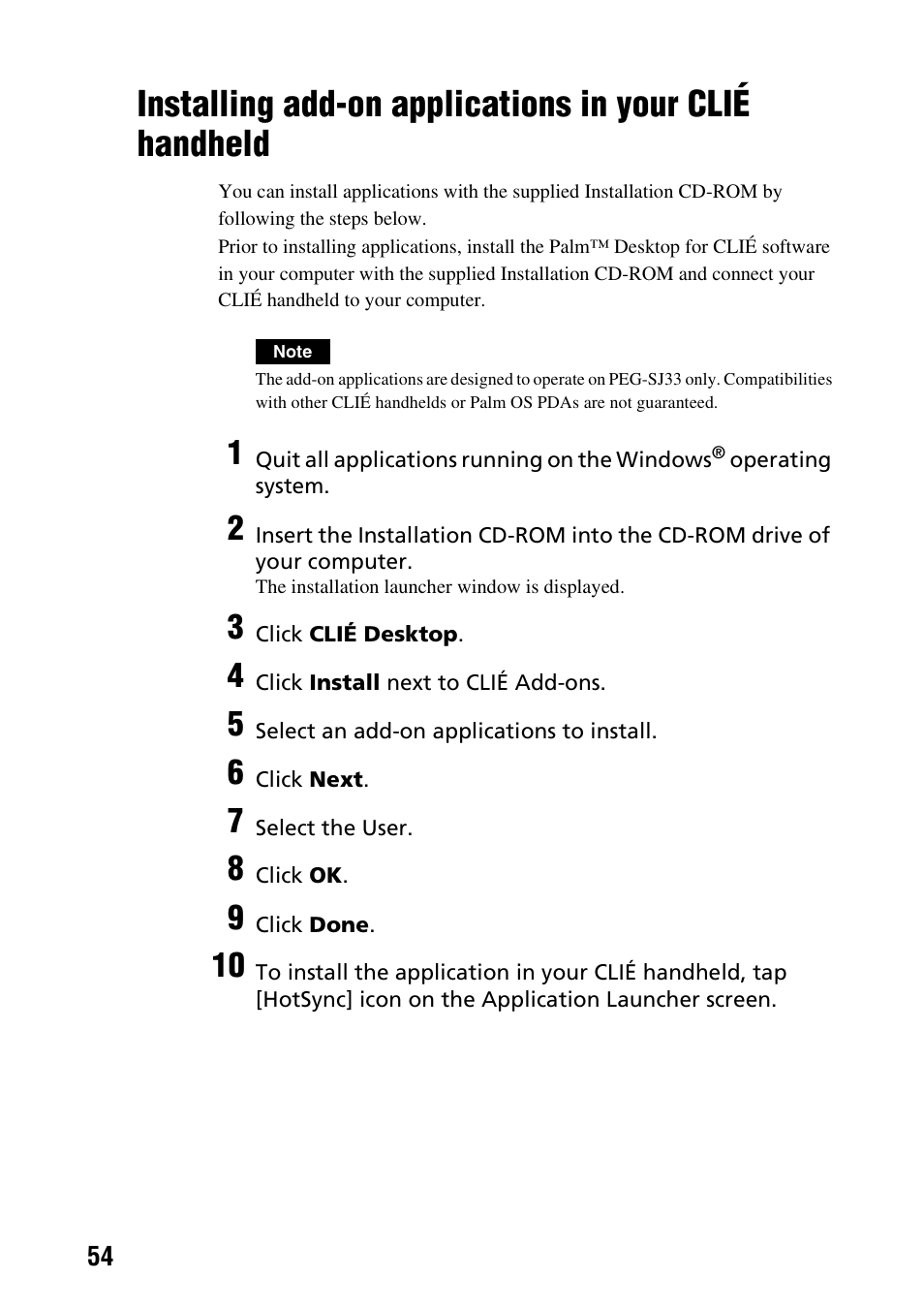 Installing add-on applications in your, Clié handheld | Sony PEG-SJ33 User Manual | Page 54 / 80