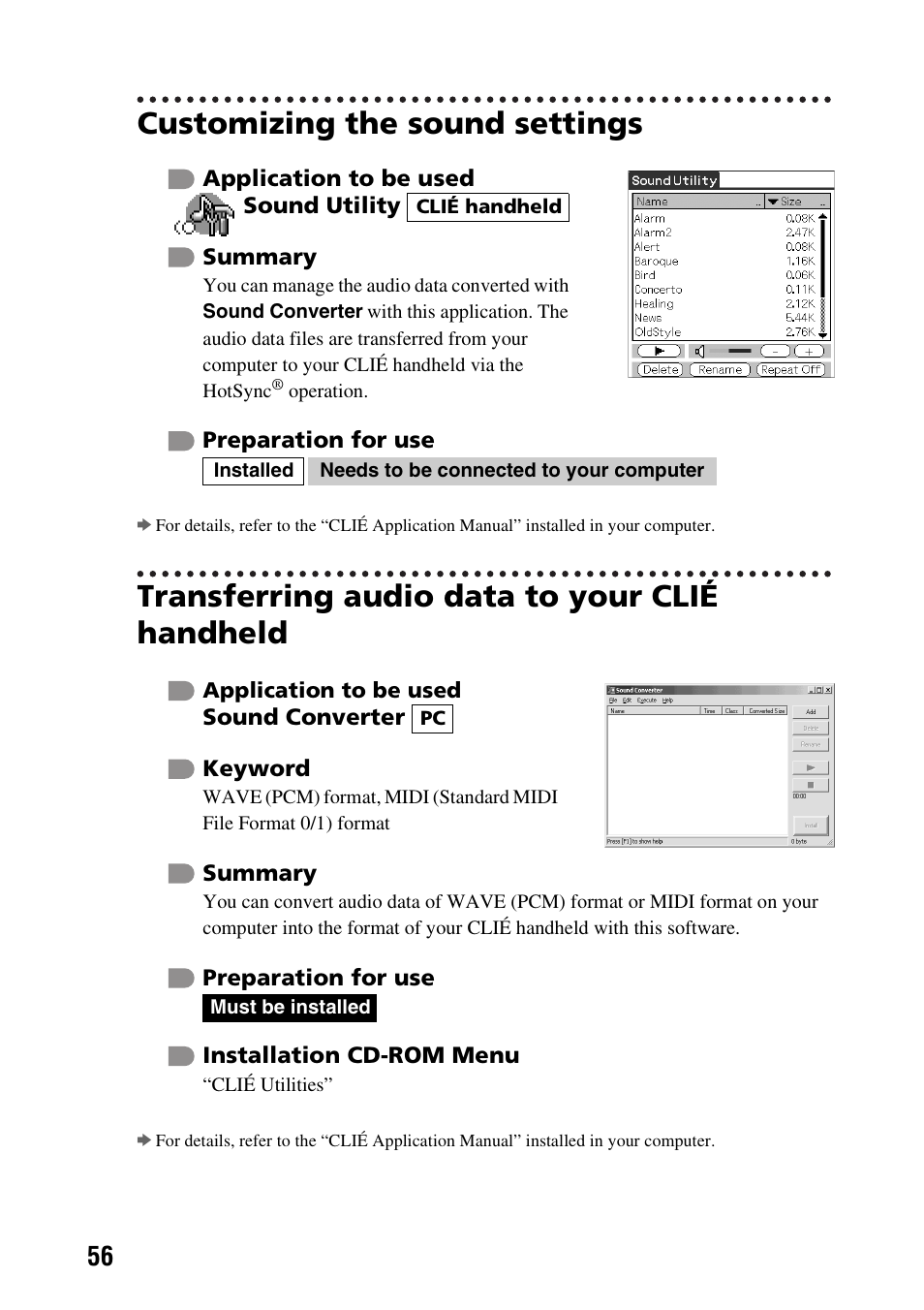 Customizing the sound settings, Transferring audio data to your clié handheld | Sony PEG-SJ33 User Manual | Page 56 / 80