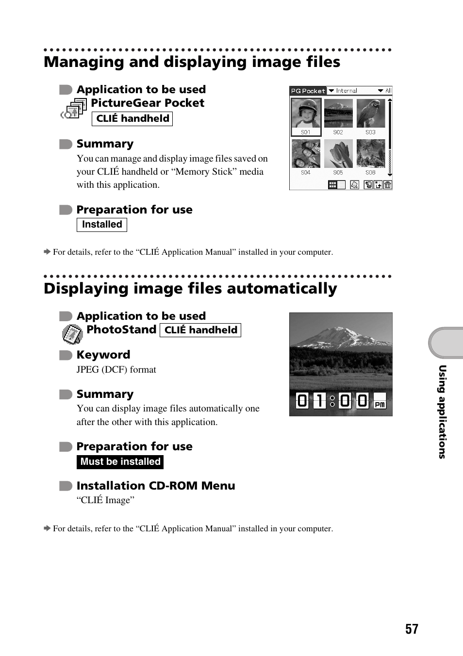 Managing and displaying image files, Displaying image files automatically | Sony PEG-SJ33 User Manual | Page 57 / 80