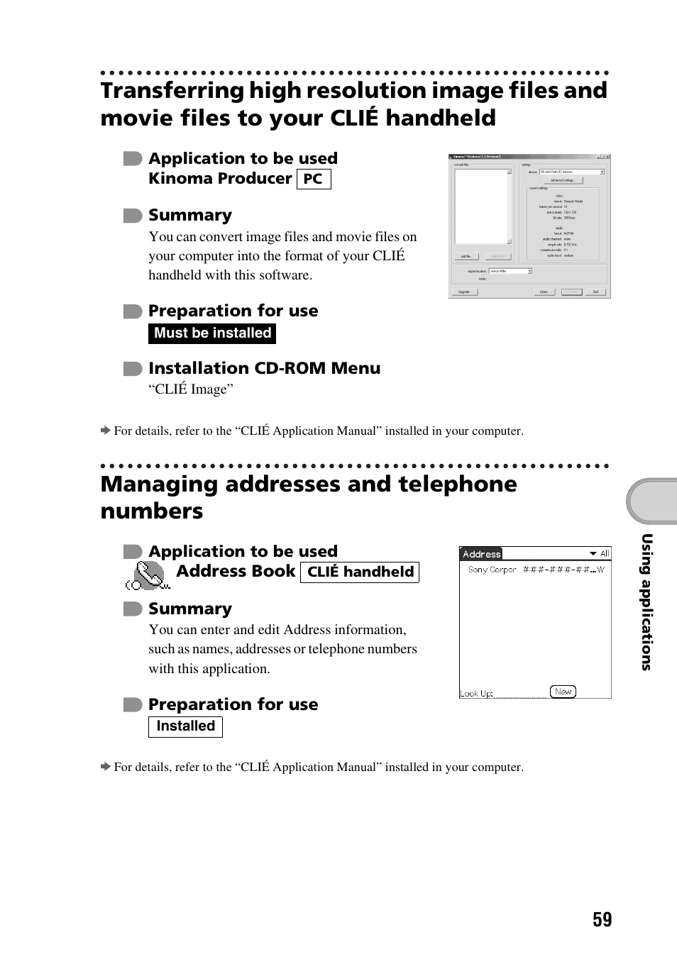 Managing addresses and telephone numbers | Sony PEG-SJ33 User Manual | Page 59 / 80