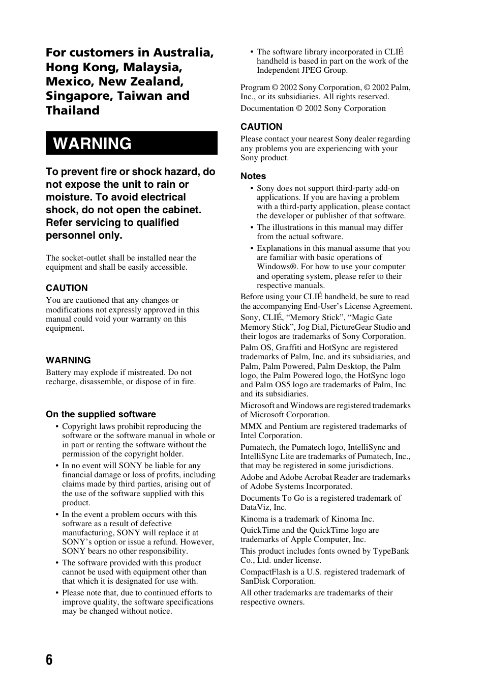 Warning | Sony PEG-SJ33 User Manual | Page 6 / 80