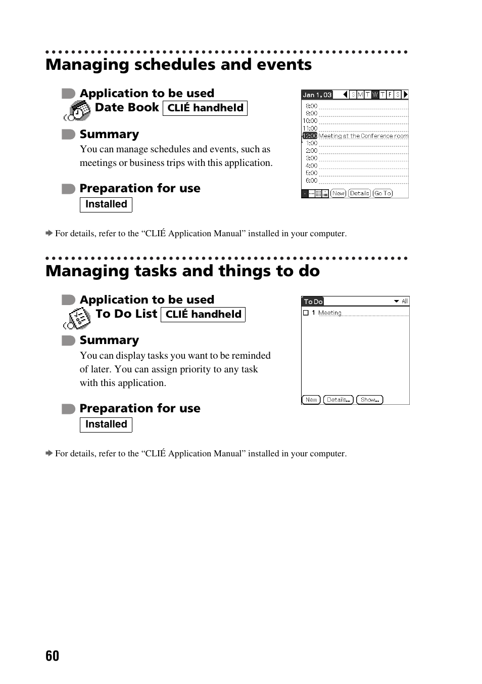 Managing schedules and events, Managing tasks and things to do | Sony PEG-SJ33 User Manual | Page 60 / 80