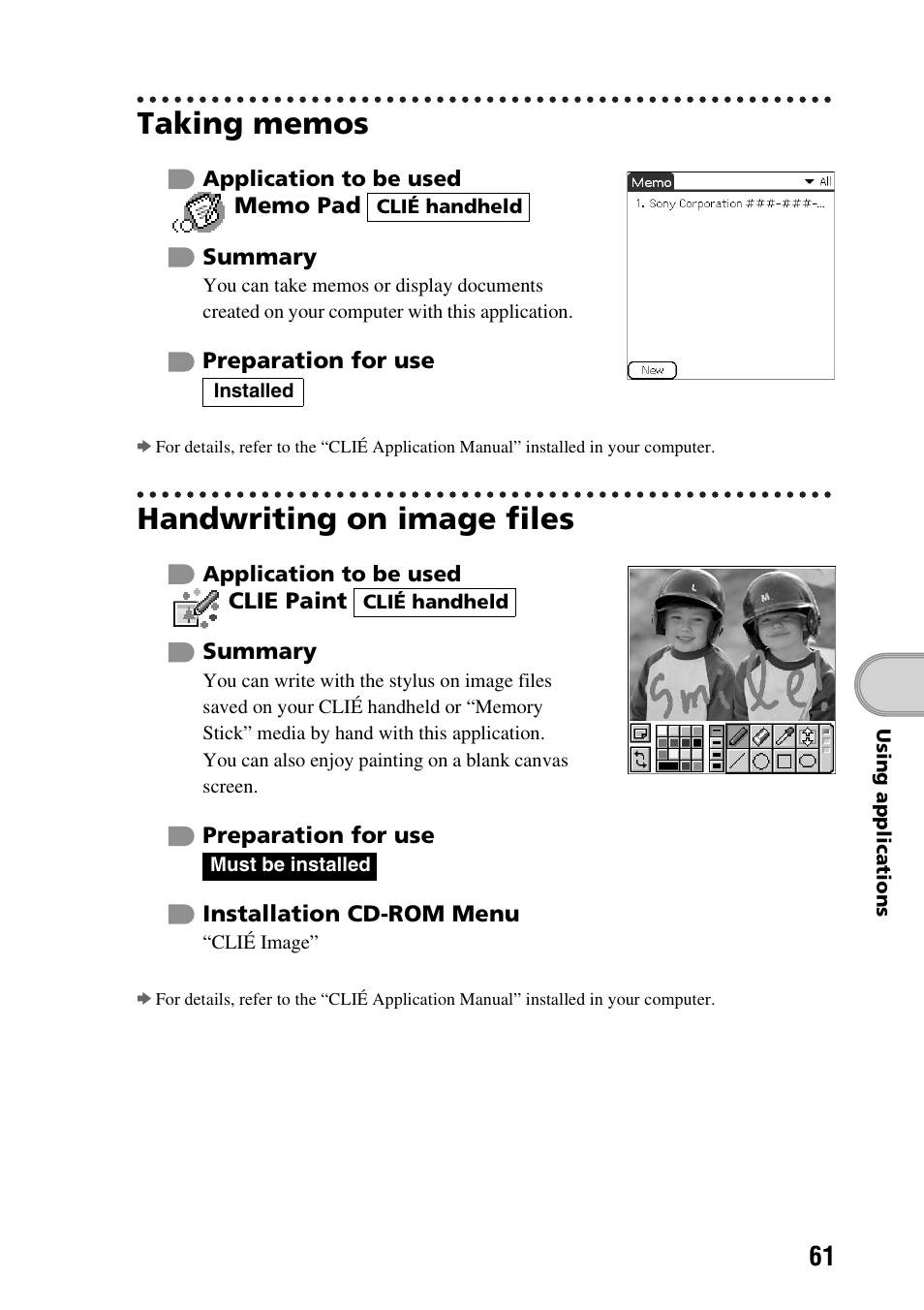 Taking memos, Handwriting on image files | Sony PEG-SJ33 User Manual | Page 61 / 80