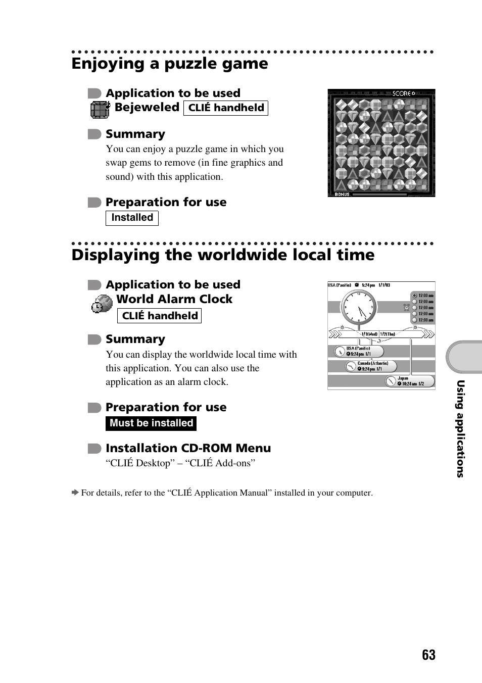 Enjoying a puzzle game, Displaying the worldwide local time | Sony PEG-SJ33 User Manual | Page 63 / 80