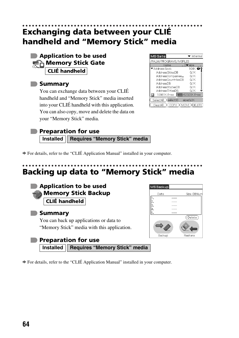 Backing up data to “memory stick” media | Sony PEG-SJ33 User Manual | Page 64 / 80