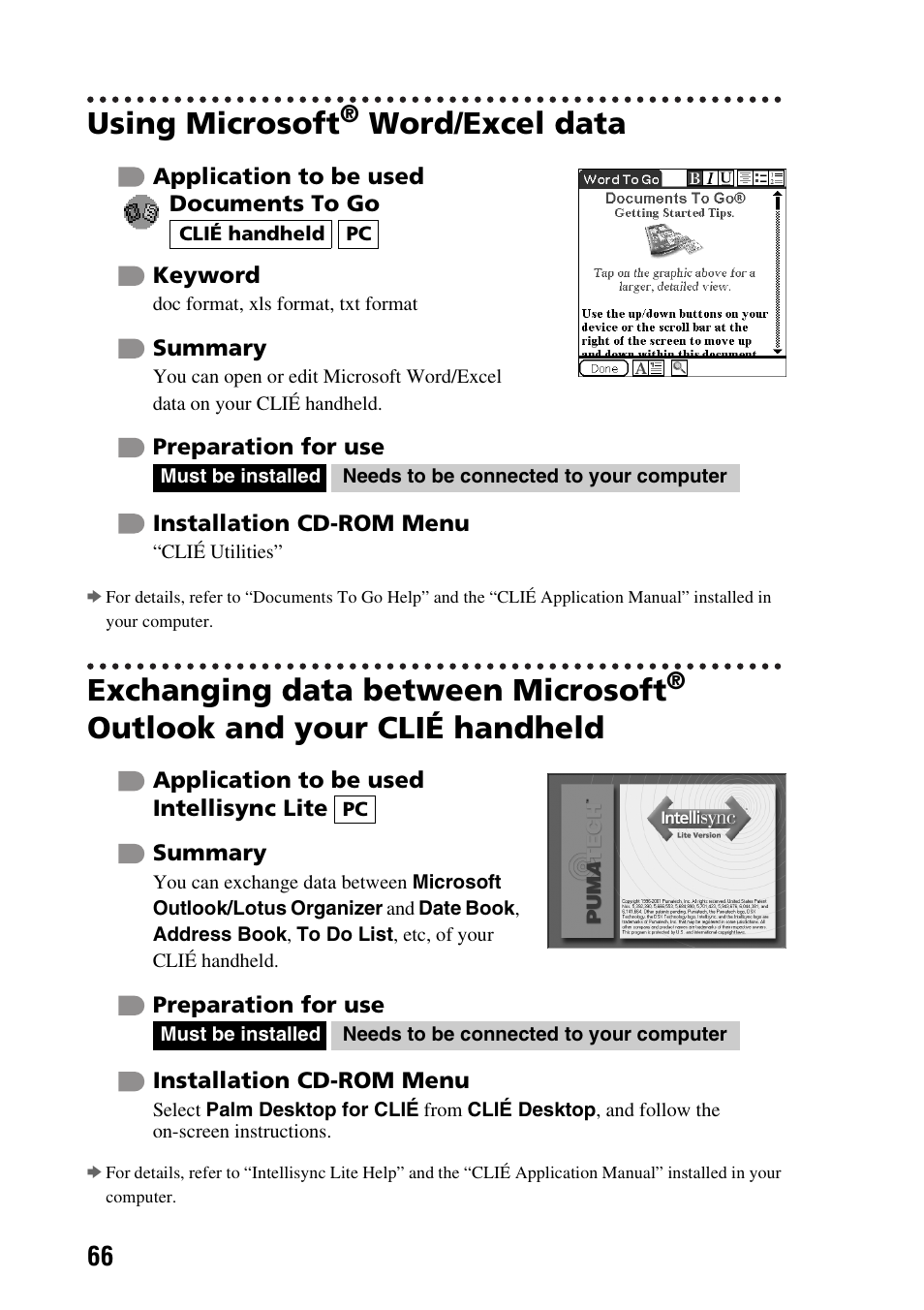 Using microsoft® word/excel data, Using microsoft, Word/excel data | Exchanging data between microsoft, Outlook and your clié handheld | Sony PEG-SJ33 User Manual | Page 66 / 80