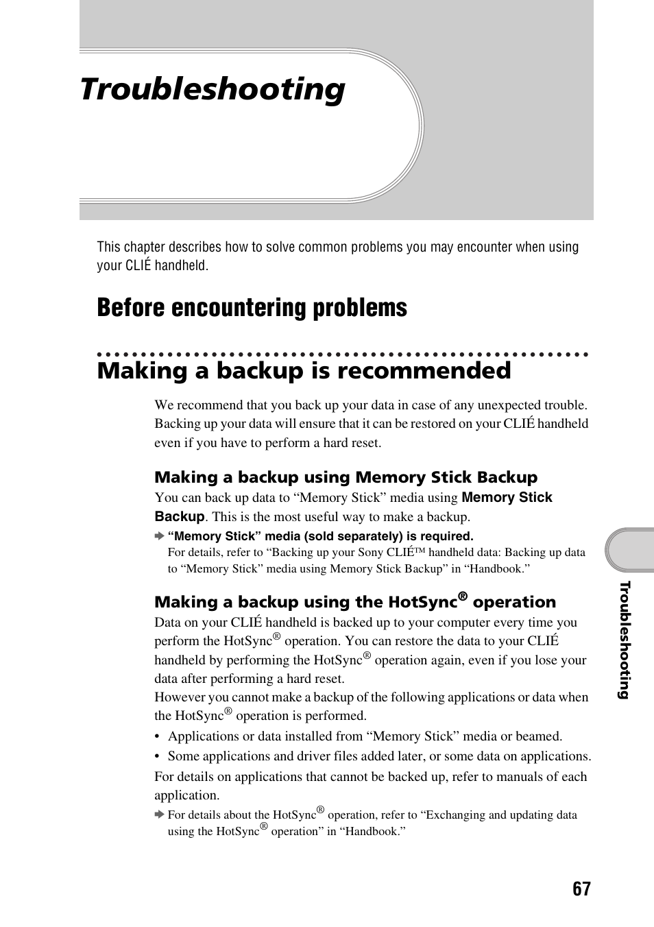 Troubleshooting, Before encountering problems, Making a backup is recommended | Sony PEG-SJ33 User Manual | Page 67 / 80