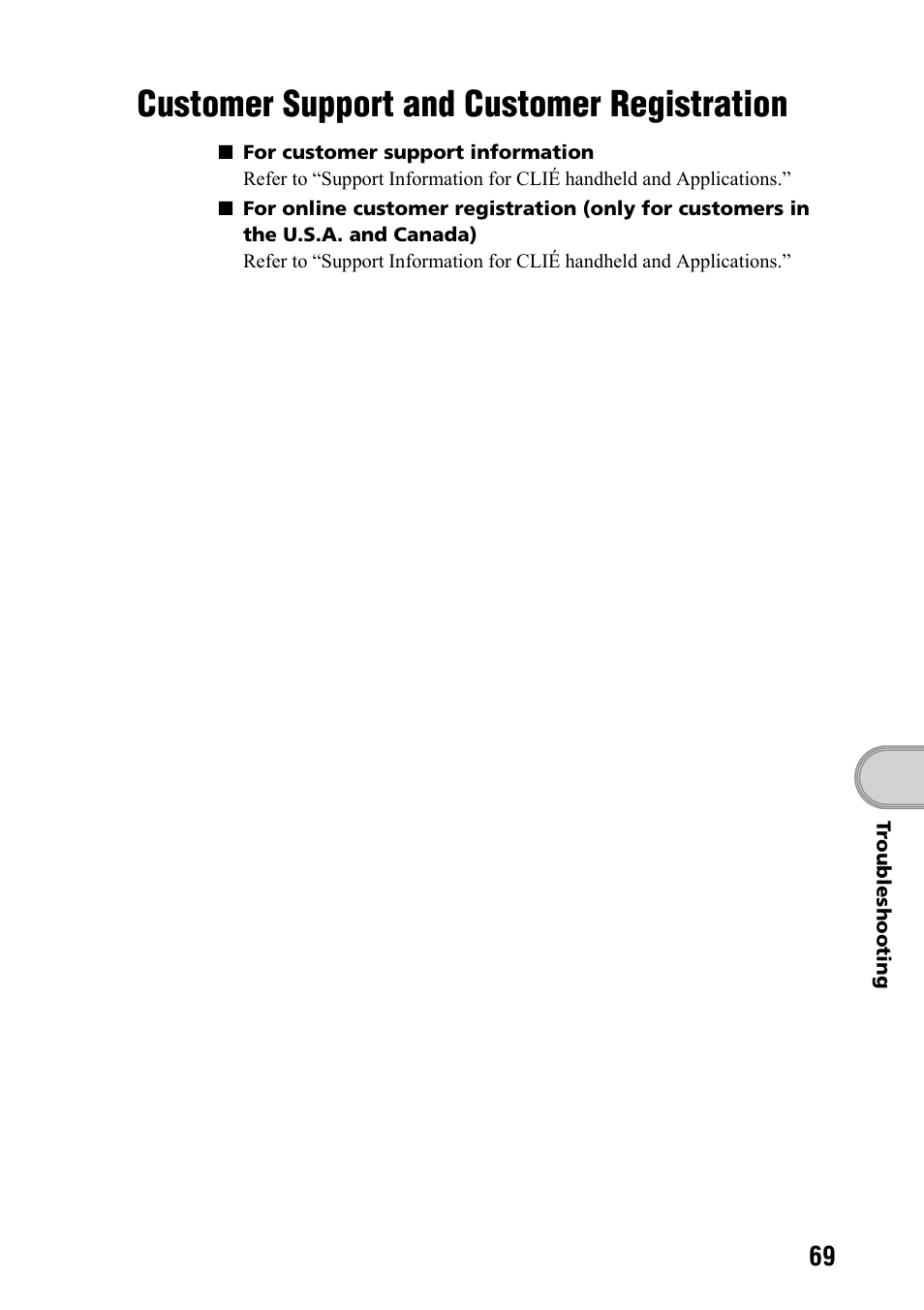 Customer support and customer registration, Customer support and customer, Registration | Sony PEG-SJ33 User Manual | Page 69 / 80