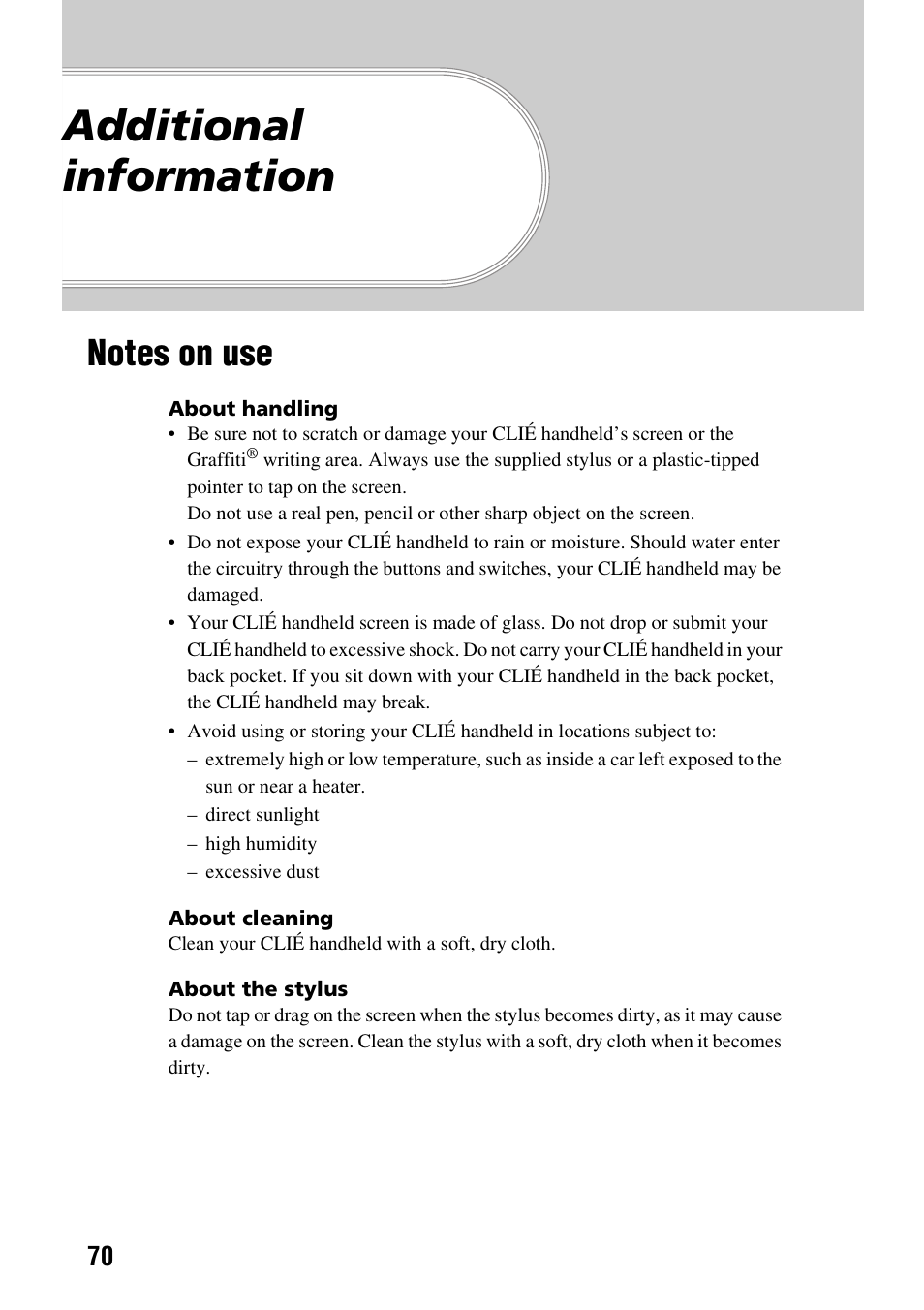 Additional information, Notes on use | Sony PEG-SJ33 User Manual | Page 70 / 80