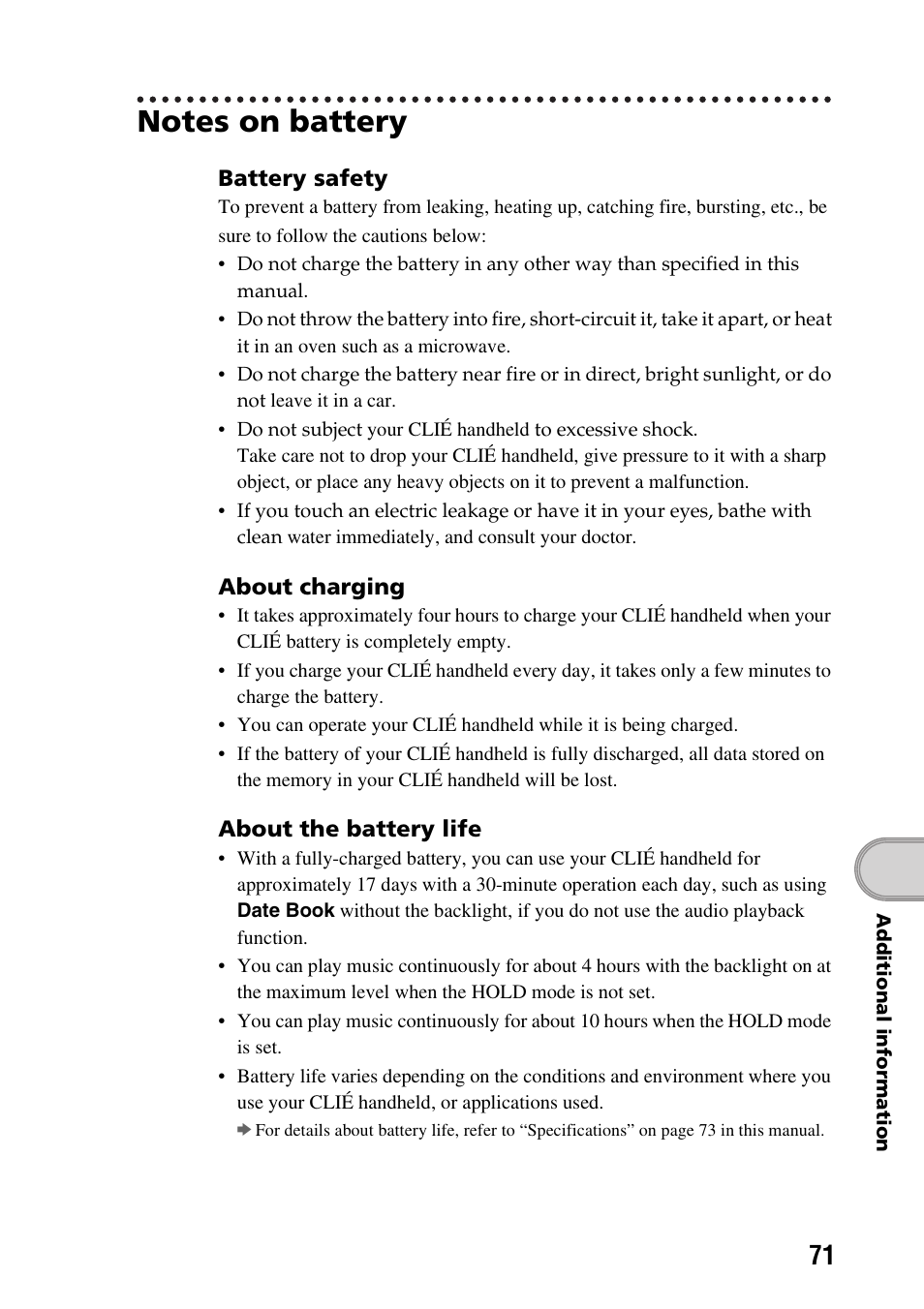Notes on battery | Sony PEG-SJ33 User Manual | Page 71 / 80