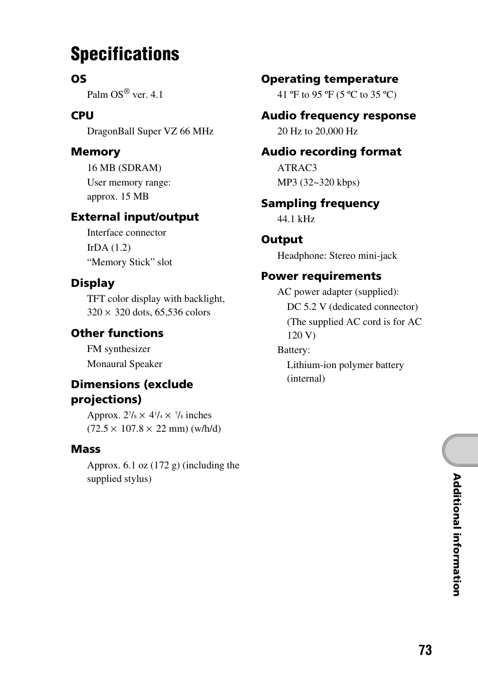 Specifications | Sony PEG-SJ33 User Manual | Page 73 / 80