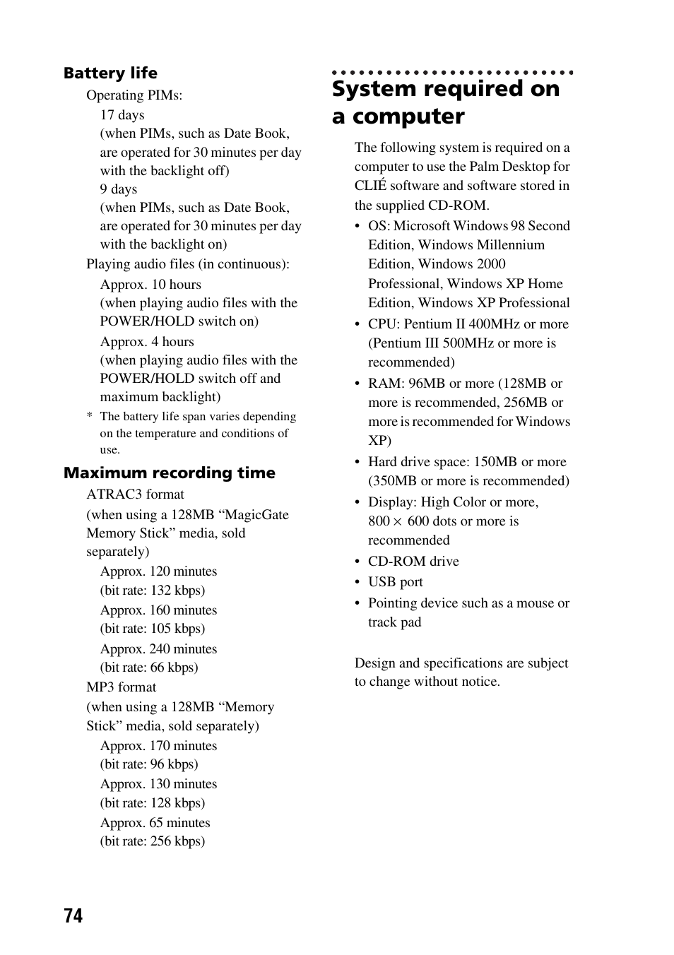 System required on a computer | Sony PEG-SJ33 User Manual | Page 74 / 80