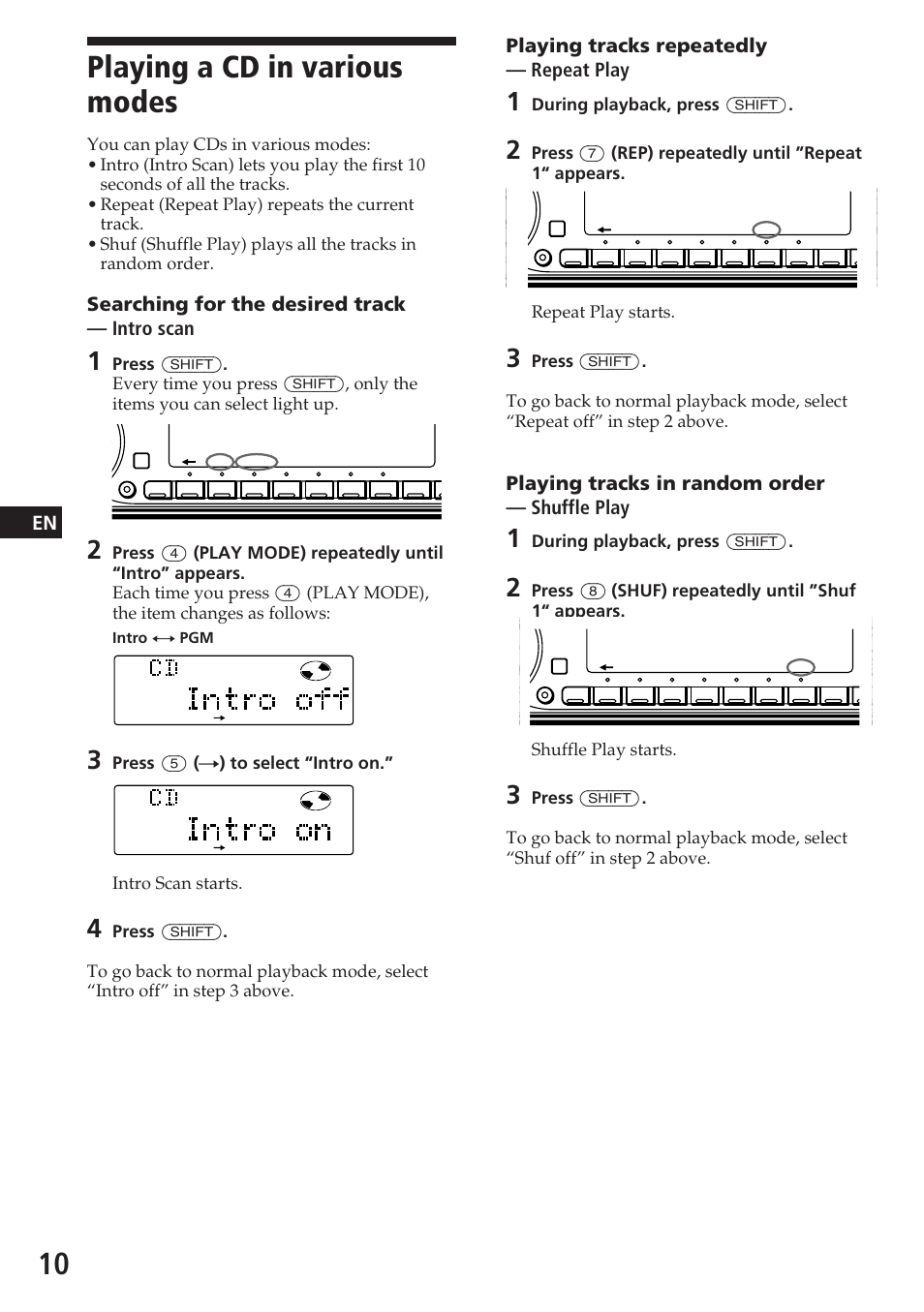 Playing a cd in various modes, Playing tracks repeatedly — repeat play, Playing tracks in random order — shuffle play | Searching for the desired track — intro scan | Sony CDX-C780R User Manual | Page 10 / 144