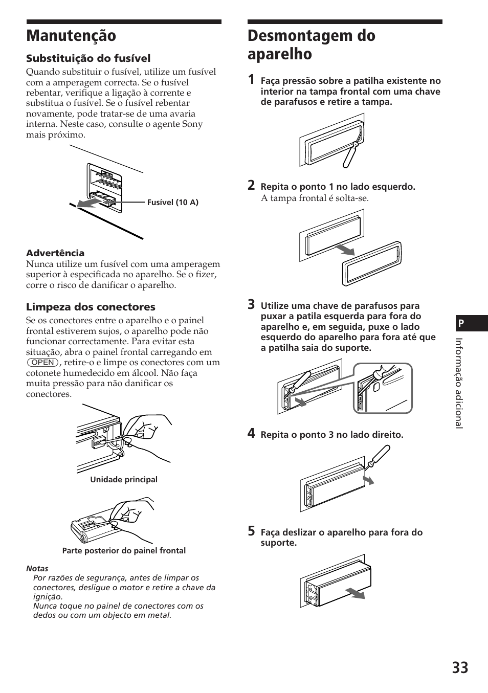 Manutenção, Desmontagem do aparelho | Sony CDX-C780R User Manual | Page 105 / 144