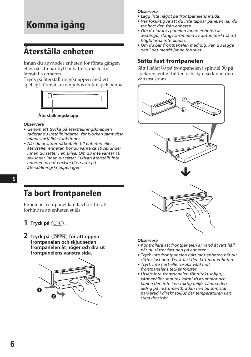 Komma igång, Återställa enheten, Ta bort frontpanelen | Sony CDX-C780R User Manual | Page 114 / 144